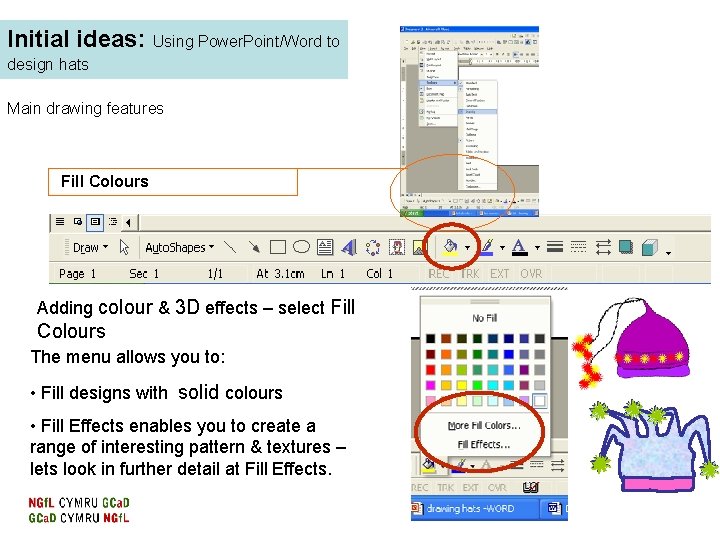 Initial ideas: Using Power. Point/Word to design hats Main drawing features Fill Colours Adding