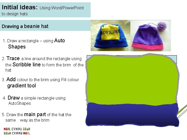 Initial ideas: Using Word/Power. Point to design hats Drawing a beanie hat 1. Draw