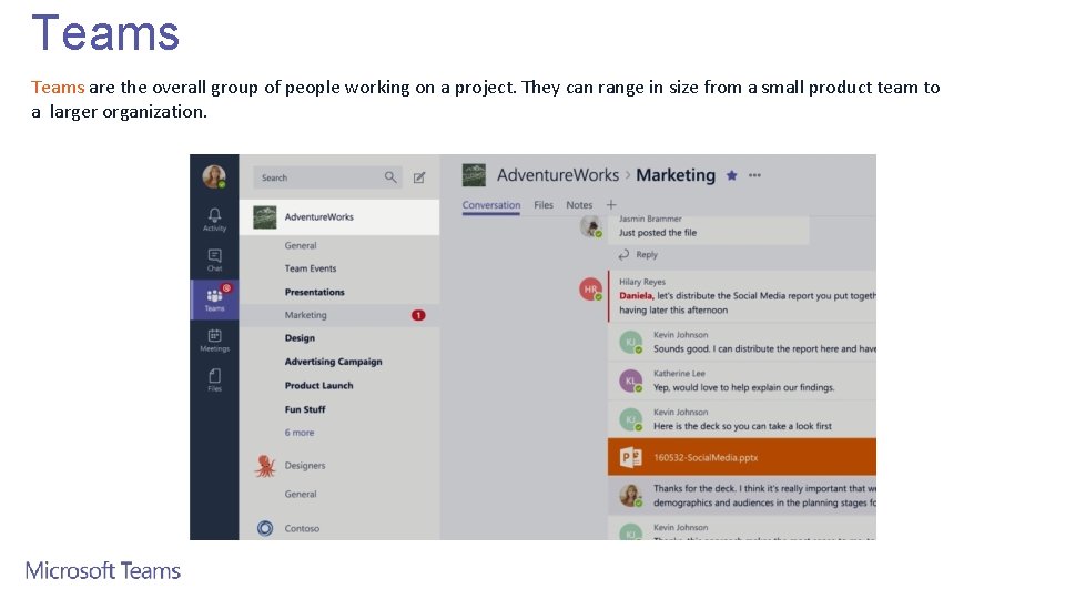 Teams are the overall group of people working on a project. They can range