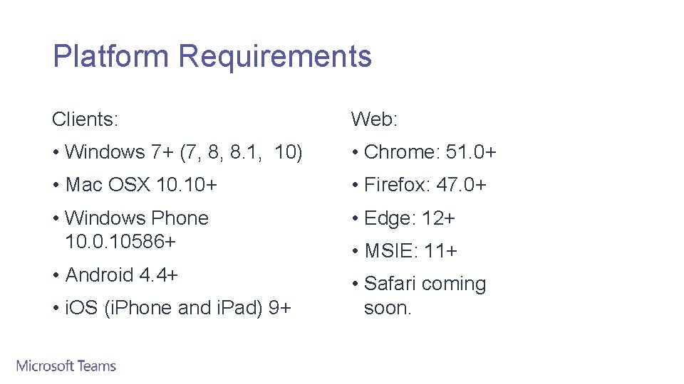 Platform Requirements Clients: Web: • Windows 7+ (7, 8, 8. 1, 10) • Chrome: