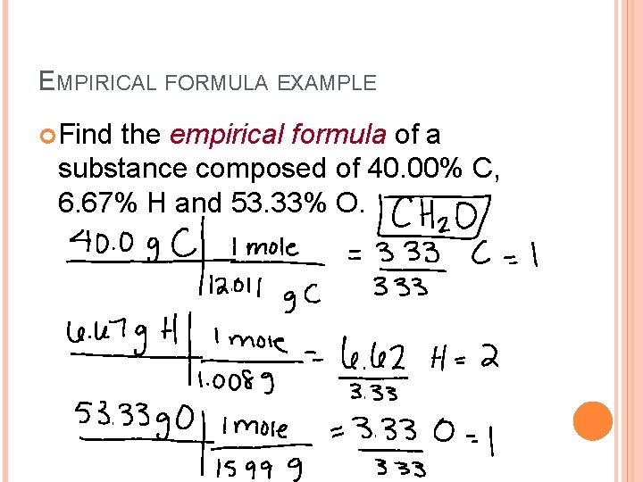 EMPIRICAL FORMULA EXAMPLE Find the empirical formula of a substance composed of 40. 00%