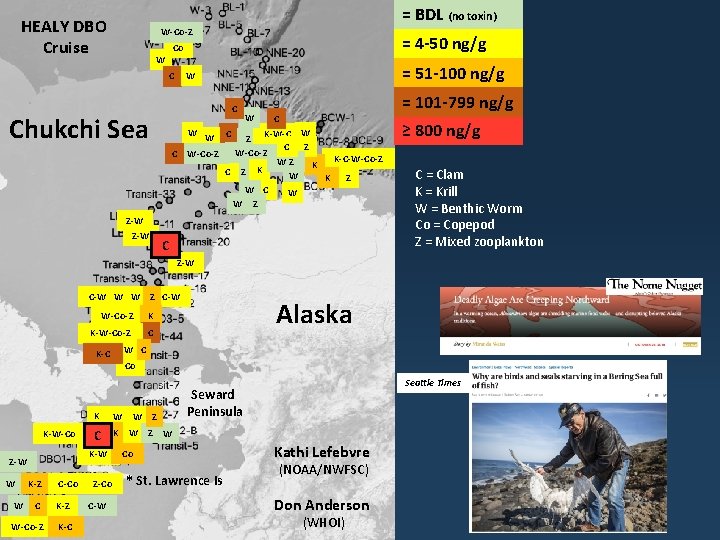 = BDL (no toxin) HEALY DBO Cruise W-Co-Z Co W = 51 -100 ng/g = BDL (no toxin) HEALY DBO Cruise W-Co-Z Co W = 51 -100 ng/g