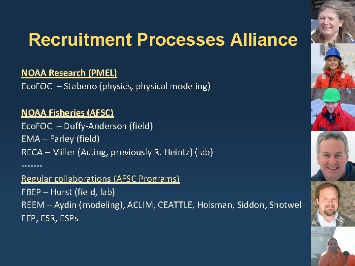 Recruitment Processes Alliance NOAA Research (PMEL) Eco. FOCI – Stabeno (physics, physical modeling) NOAA Recruitment Processes Alliance NOAA Research (PMEL) Eco. FOCI – Stabeno (physics, physical modeling) NOAA
