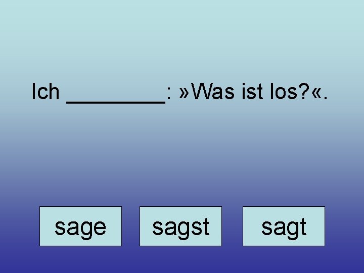 Ich ____: » Was ist los? «. sage sagst sagt 