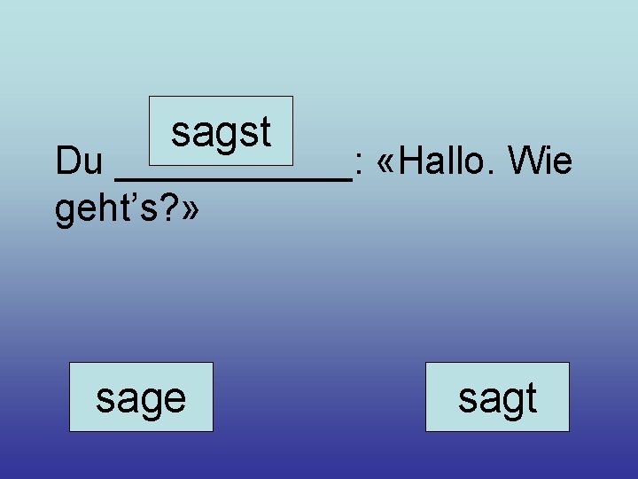 sagst Du ______: «Hallo. Wie geht’s? » sage sagt 