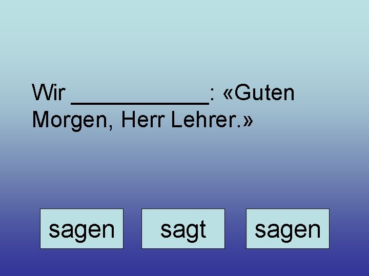 Wir ______: «Guten Morgen, Herr Lehrer. » sagen sagt sagen 