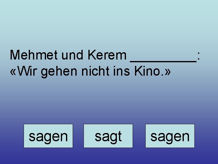 Mehmet und Kerem _____: «Wir gehen nicht ins Kino. » sagen sagt sagen 