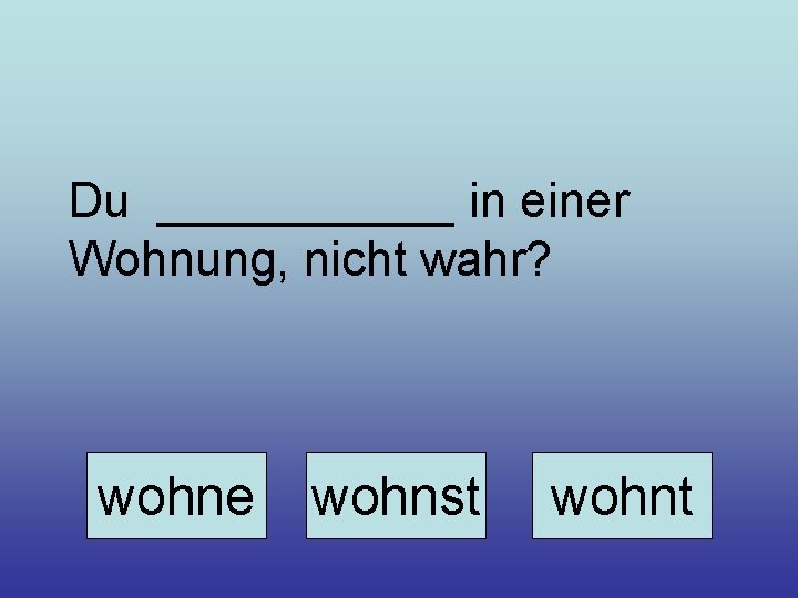 Du ______ in einer Wohnung, nicht wahr? wohne wohnst wohnt 