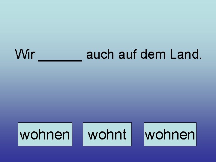 Wir ______ auch auf dem Land. wohnen wohnt wohnen 