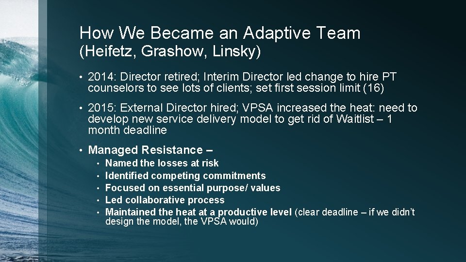 How We Became an Adaptive Team (Heifetz, Grashow, Linsky) • 2014: Director retired; Interim