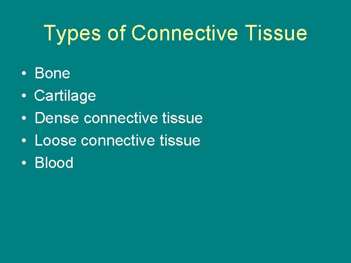 Types of Connective Tissue • • • Bone Cartilage Dense connective tissue Loose connective
