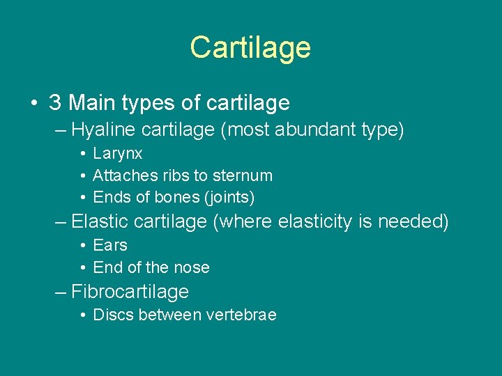 Cartilage • 3 Main types of cartilage – Hyaline cartilage (most abundant type) •