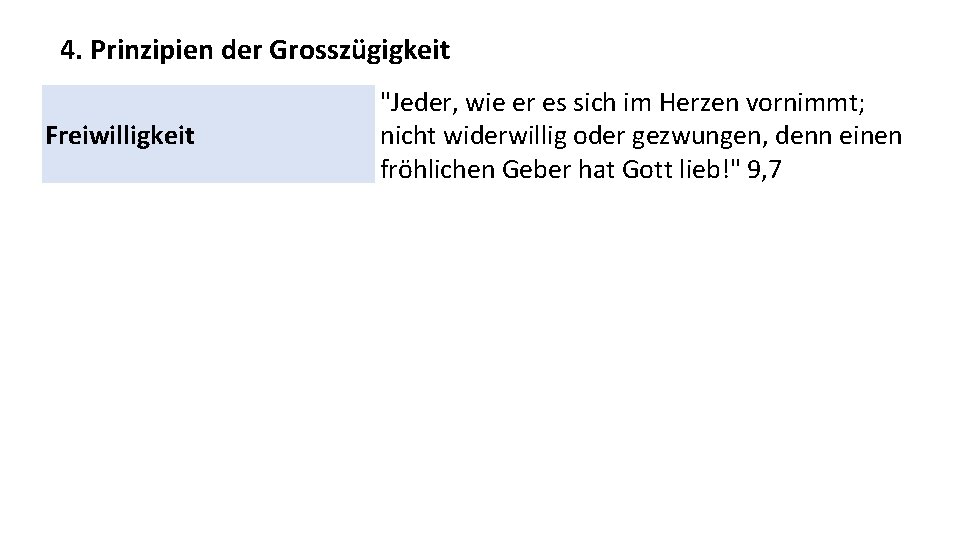 4. Prinzipien der Grosszügigkeit Freiwilligkeit "Jeder, wie er es sich im Herzen vornimmt; nicht