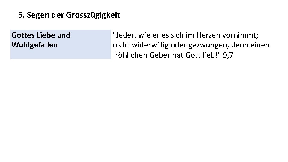 5. Segen der Grosszügigkeit Gottes Liebe und Wohlgefallen "Jeder, wie er es sich im