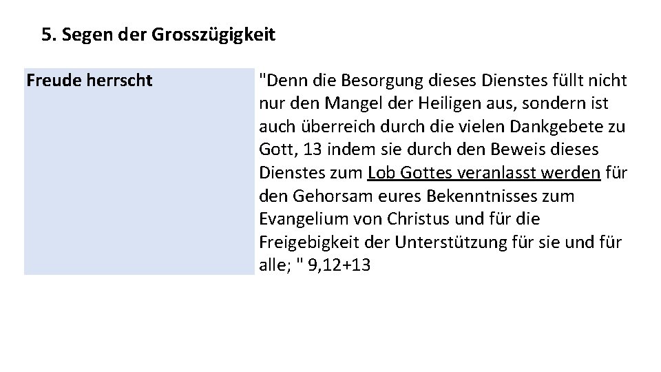 5. Segen der Grosszügigkeit Freude herrscht "Denn die Besorgung dieses Dienstes füllt nicht nur