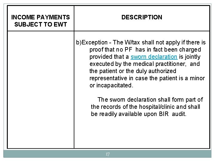 INCOME PAYMENTS SUBJECT TO EWT DESCRIPTION b)Exception - The W/tax shall not apply if