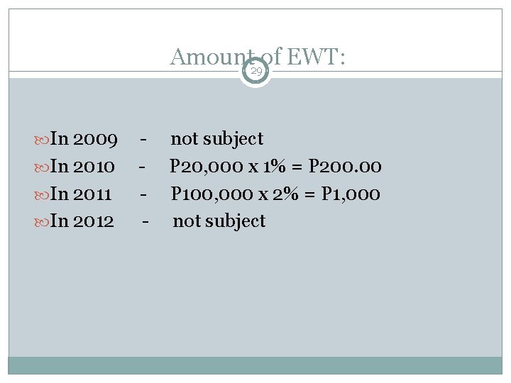 Amount 29 of EWT: In 2009 In 2010 In 2011 In 2012 - not