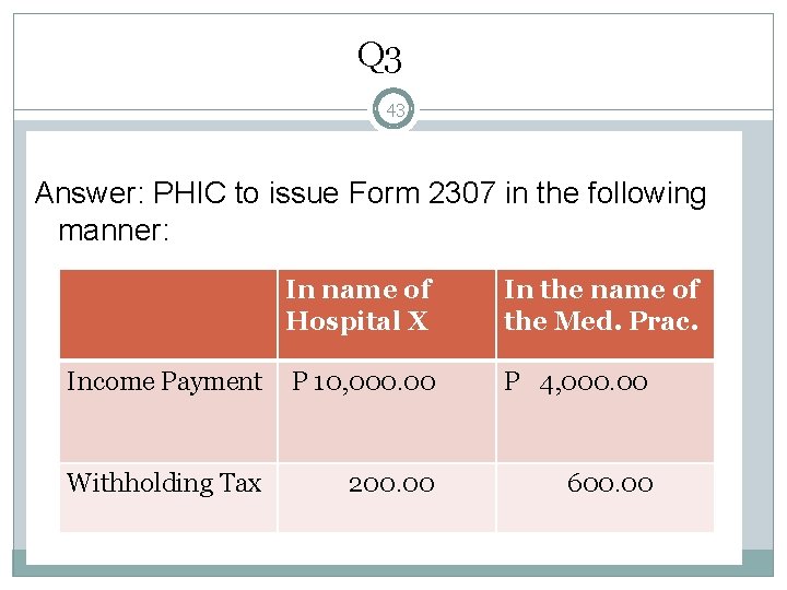 Q 3 43 Answer: PHIC to issue Form 2307 in the following manner: In