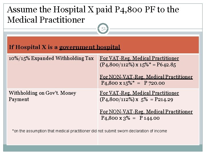 Assume the Hospital X paid P 4, 800 PF to the Medical Practitioner 51