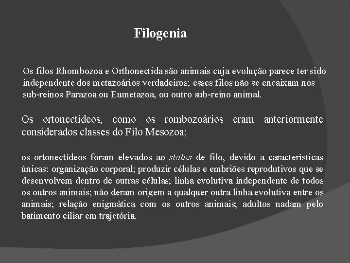 Filogenia Os filos Rhombozoa e Orthonectida são animais cuja evolução parece ter sido independente