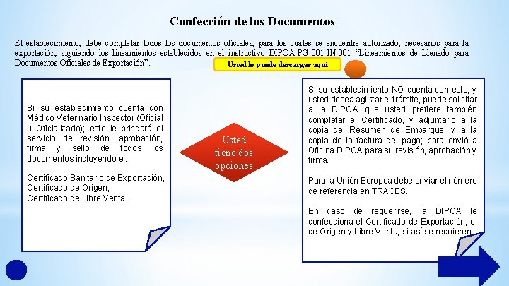 Confección de los Documentos El establecimiento, debe completar todos los documentos oficiales, para los