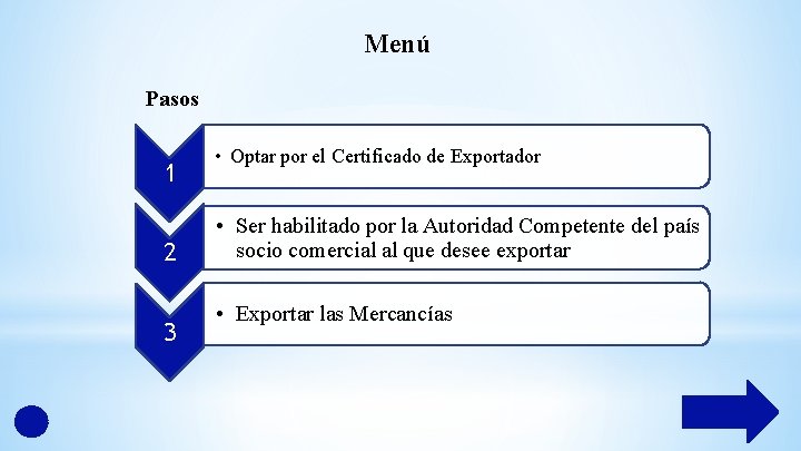 Menú Pasos 1 2 3 • Optar por el Certificado de Exportador • Ser
