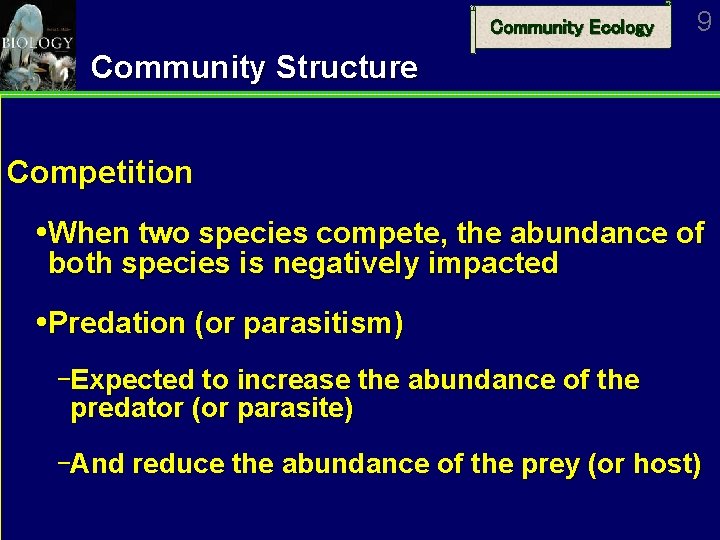 Community Ecology 9 Community Structure Competition When two species compete, the abundance of both