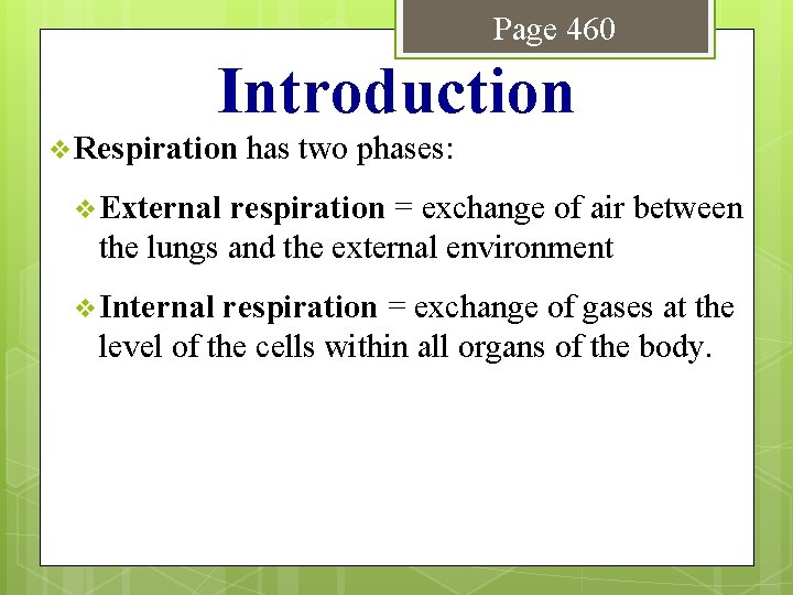 Page 460 Introduction v Respiration has two phases: v External respiration = exchange of