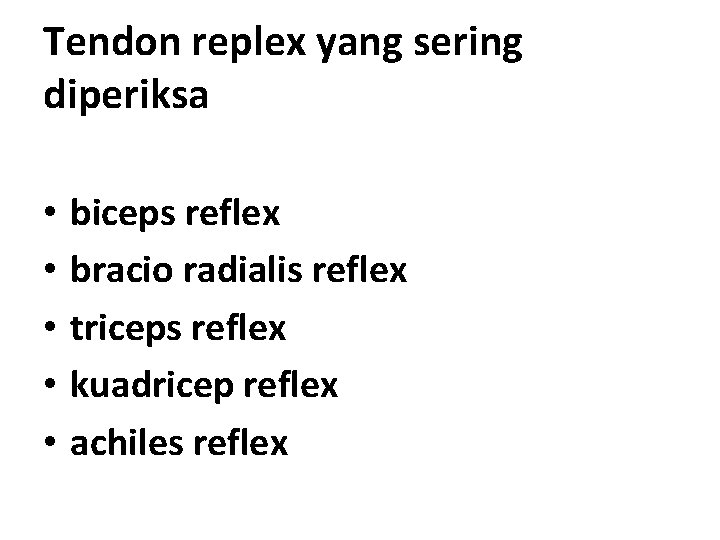 Tendon replex yang sering diperiksa • • • biceps reflex bracio radialis reflex triceps