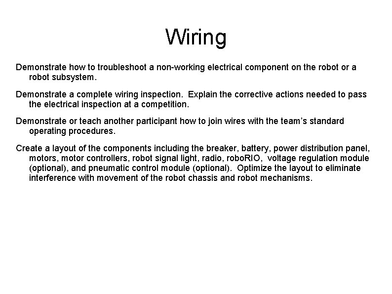 Wiring Demonstrate how to troubleshoot a non-working electrical component on the robot or a