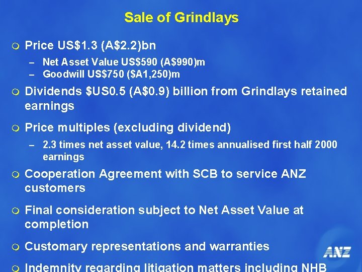 Sale of Grindlays m Price US$1. 3 (A$2. 2)bn – Net Asset Value US$590