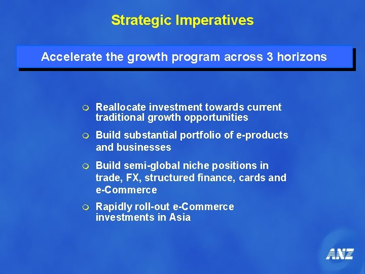 Strategic Imperatives Accelerate the growth program across 3 horizons m Reallocate investment towards current