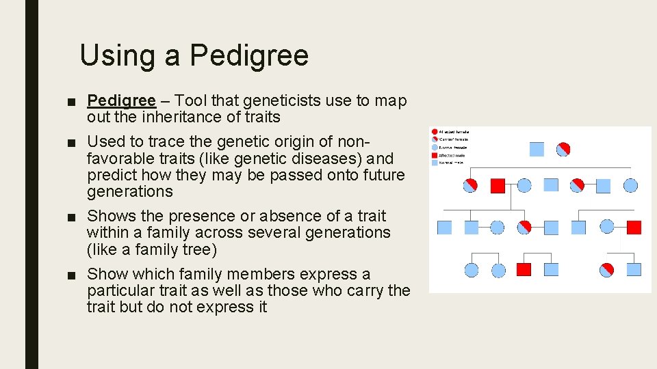 Using a Pedigree ■ Pedigree – Tool that geneticists use to map out the