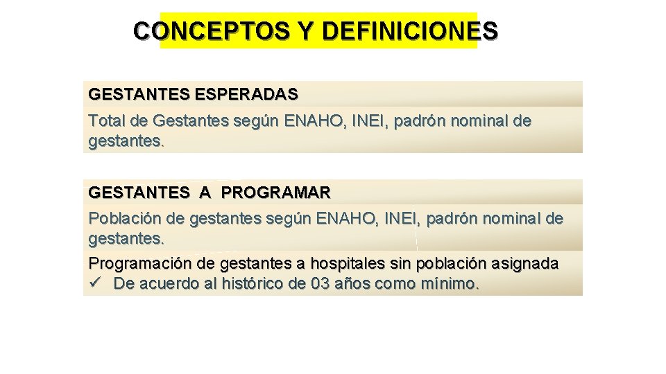 CONCEPTOS Y DEFINICIONES GESTANTES ESPERADAS Total de Gestantes según ENAHO, INEI, padrón nominal de