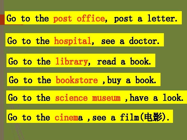 Go to the post office, post a letter. Go to the hospital, see a