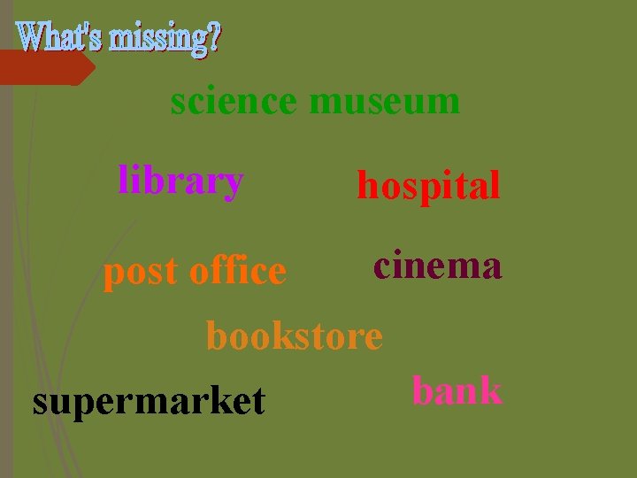 science museum library post office hospital cinema bookstore supermarket bank 