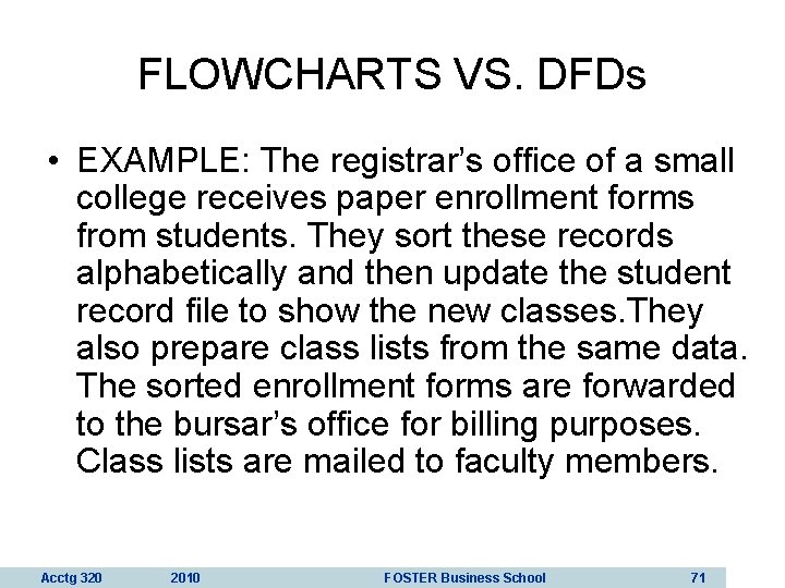 FLOWCHARTS VS. DFDs • EXAMPLE: The registrar’s office of a small college receives paper