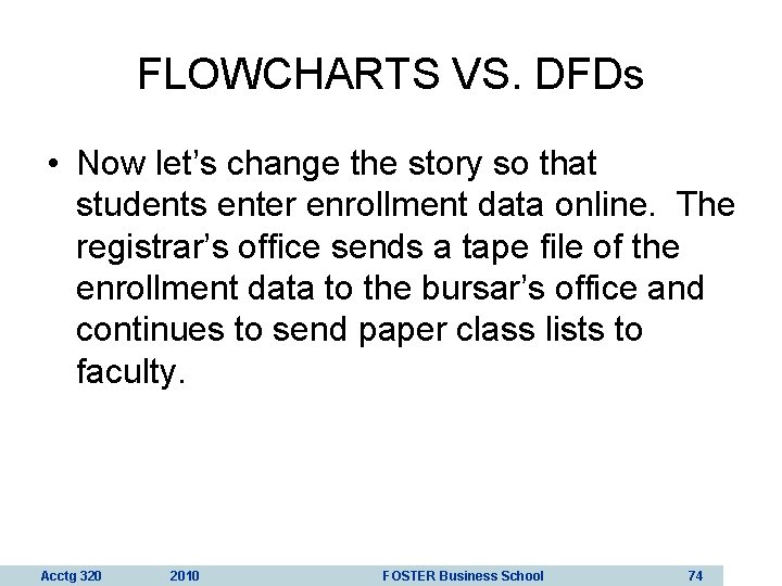 FLOWCHARTS VS. DFDs • Now let’s change the story so that students enter enrollment