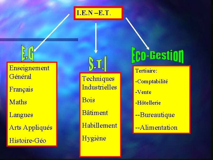 I. E. N –E. T. Enseignement Général Tertiaire: -Comptabilité Français Techniques Industrielles Maths Bois