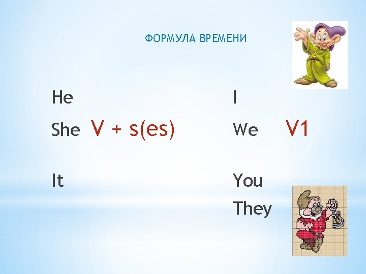 ФОРМУЛА ВРЕМЕНИ He She It I V + s(es) We You They V 1