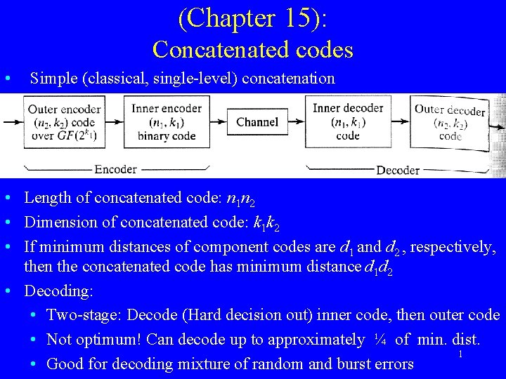 (Chapter 15): Concatenated codes • Simple (classical, single-level) concatenation • Length of concatenated code: