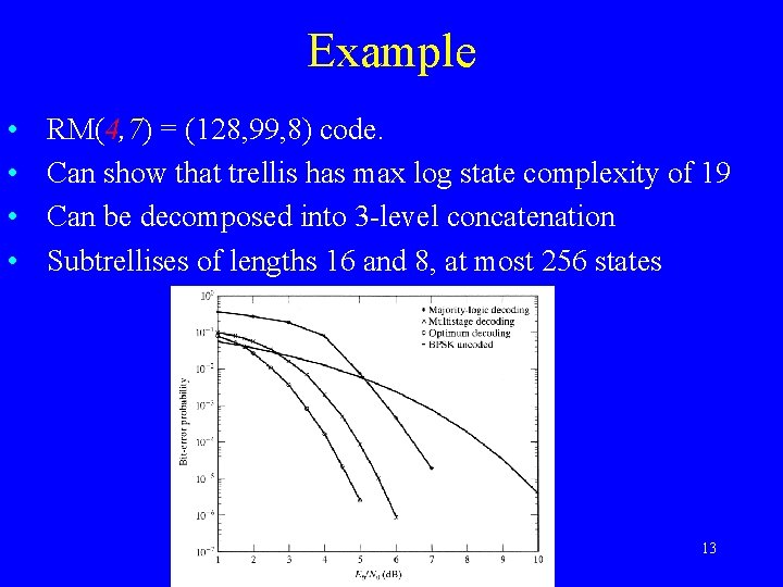 Example • • RM(4, 7) = (128, 99, 8) code. Can show that trellis