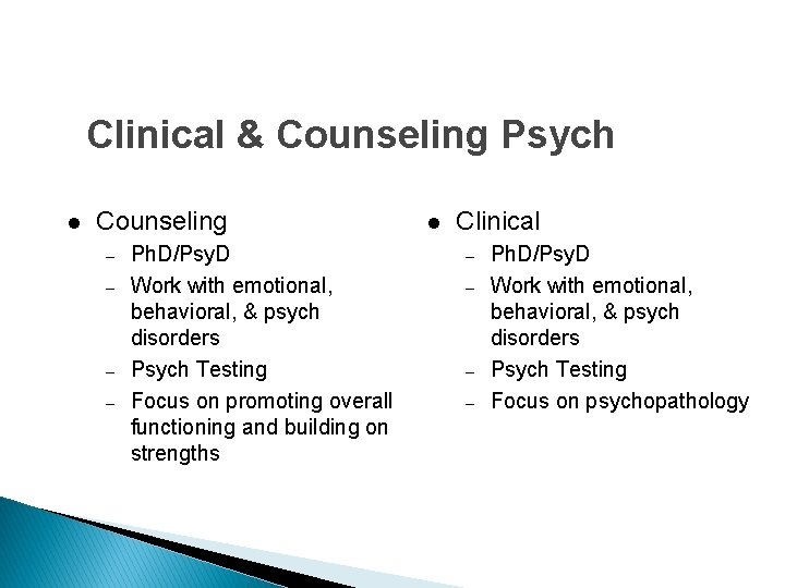 Clinical & Counseling Psych l Counseling – – Ph. D/Psy. D Work with emotional,