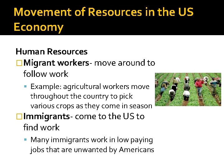 Movement of Resources in the US Economy Human Resources �Migrant workers- move around to