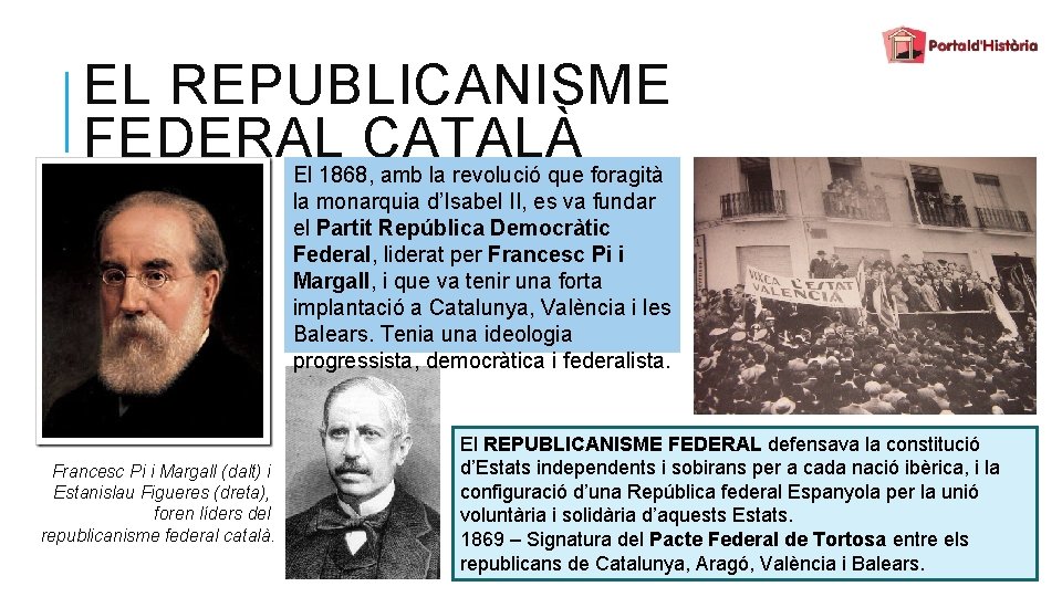 EL REPUBLICANISME FEDERAL CATALÀ El 1868, amb la revolució que foragità la monarquia d’Isabel