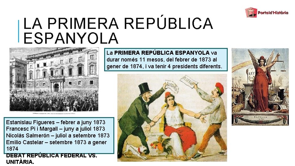 LA PRIMERA REPÚBLICA ESPANYOLA La PRIMERA REPÚBLICA ESPANYOLA va durar només 11 mesos, del