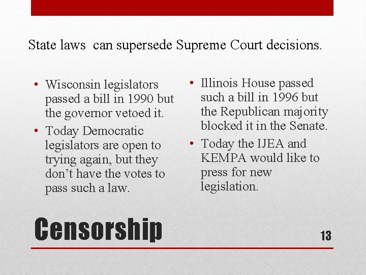 State laws can supersede Supreme Court decisions. • Wisconsin legislators passed a bill in