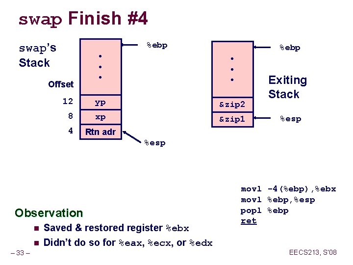 swap Finish #4 %ebp swap’s Stack %ebp • • • 12 yp &zip 2