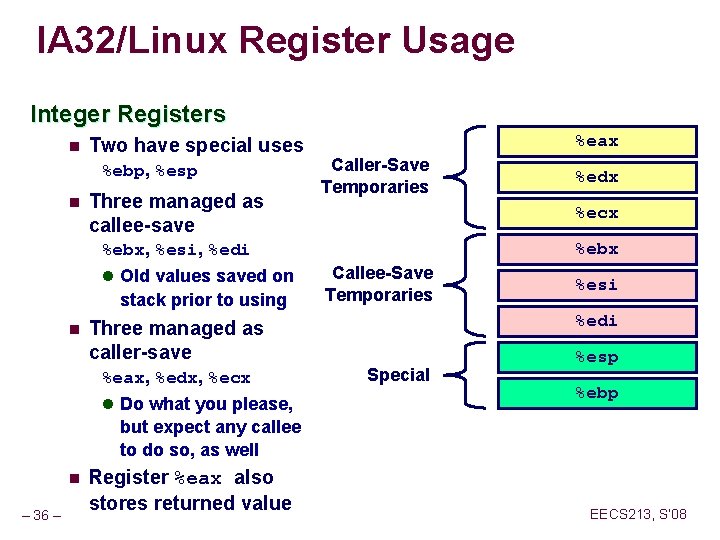 IA 32/Linux Register Usage Integer Registers n Two have special uses %ebp, %esp n