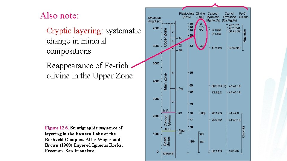 Also note: Cryptic layering: systematic change in mineral compositions Reappearance of Fe-rich olivine in